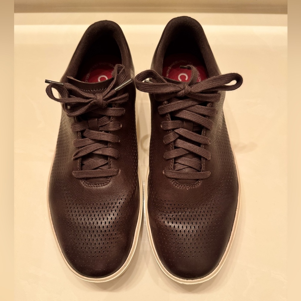 Cole Haan GrandPro Crew Laser Cut Sneakers, 10.5 Wide, Dark Chocolate/Ivory, EUC